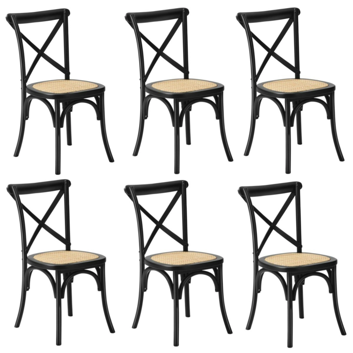 Oikiture 6x Crossback Dining Chair Solid Birch Timber Wood Ratan Seat Black