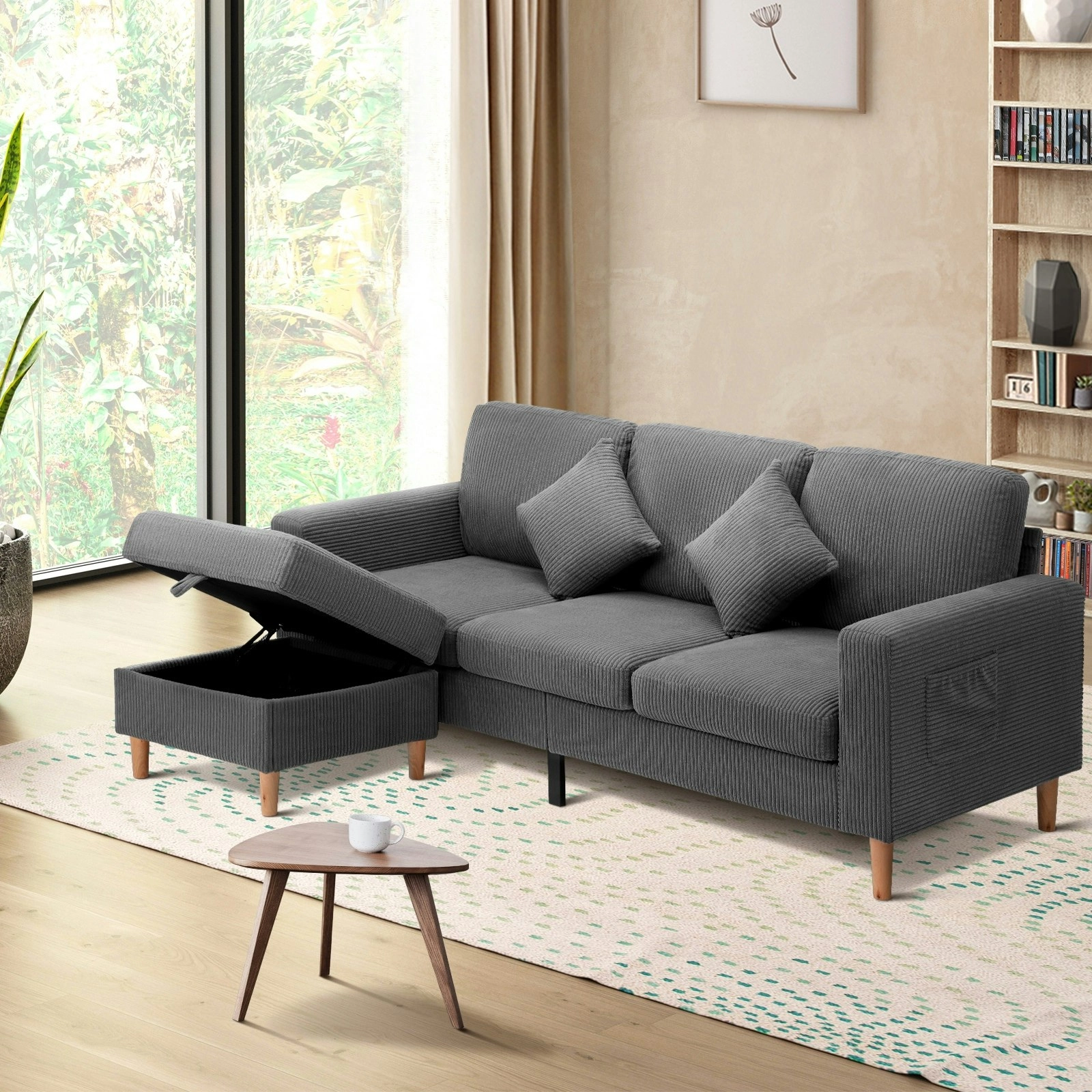 Oikiture Sofa Lounge Set Ottoman Velvet Grey