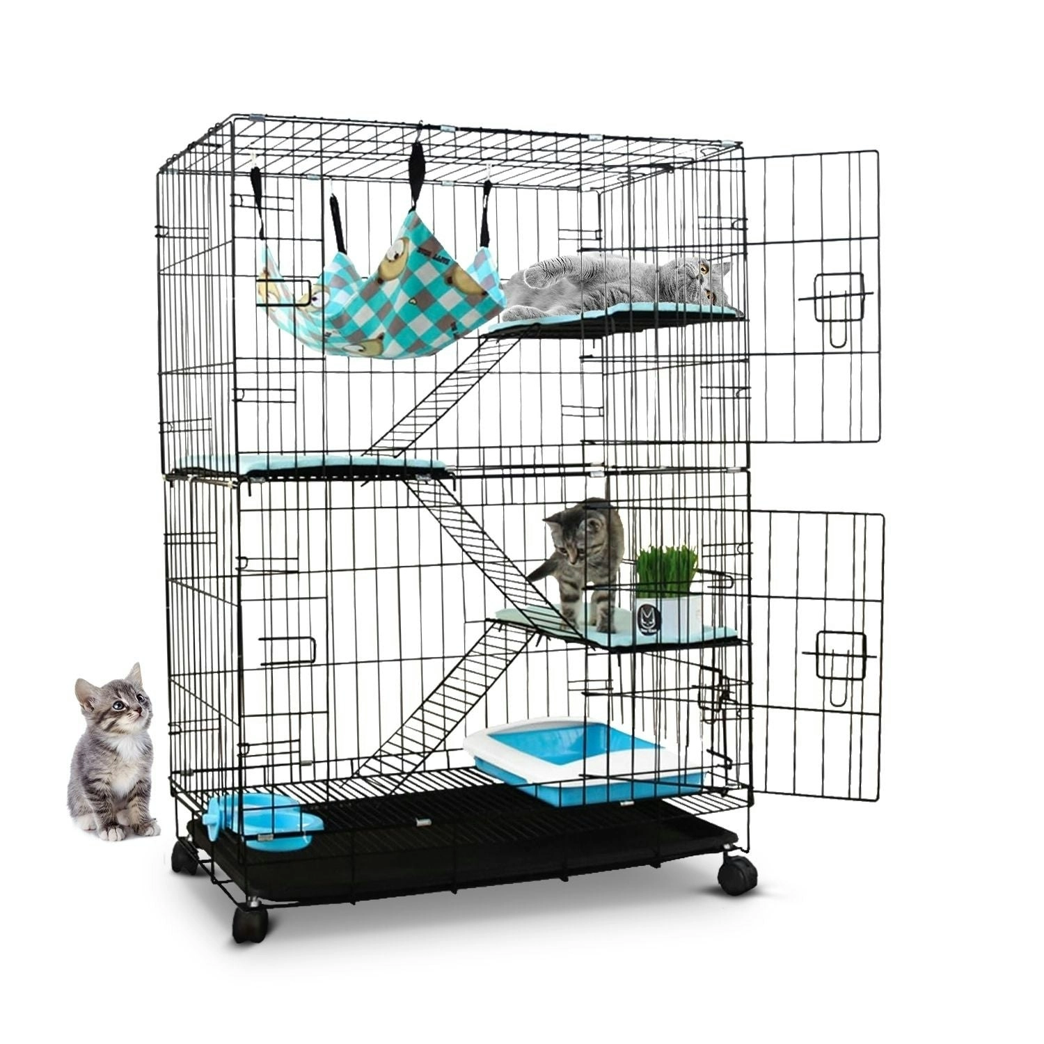 Floofi 3 Level Bird Rabbit Hutch Pet Cage with Casters and Hammock - Black