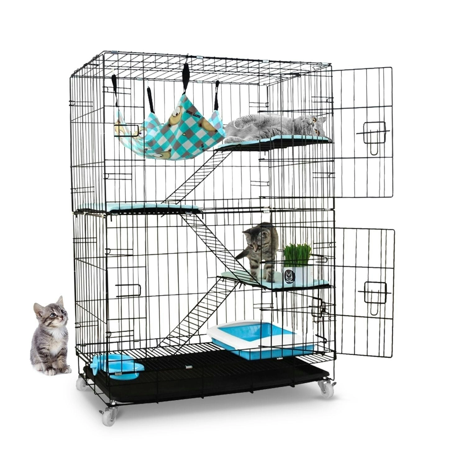 Floofi 4 Level Bird Rabbit Hutch Pet Cage with Casters and Hammock - Black