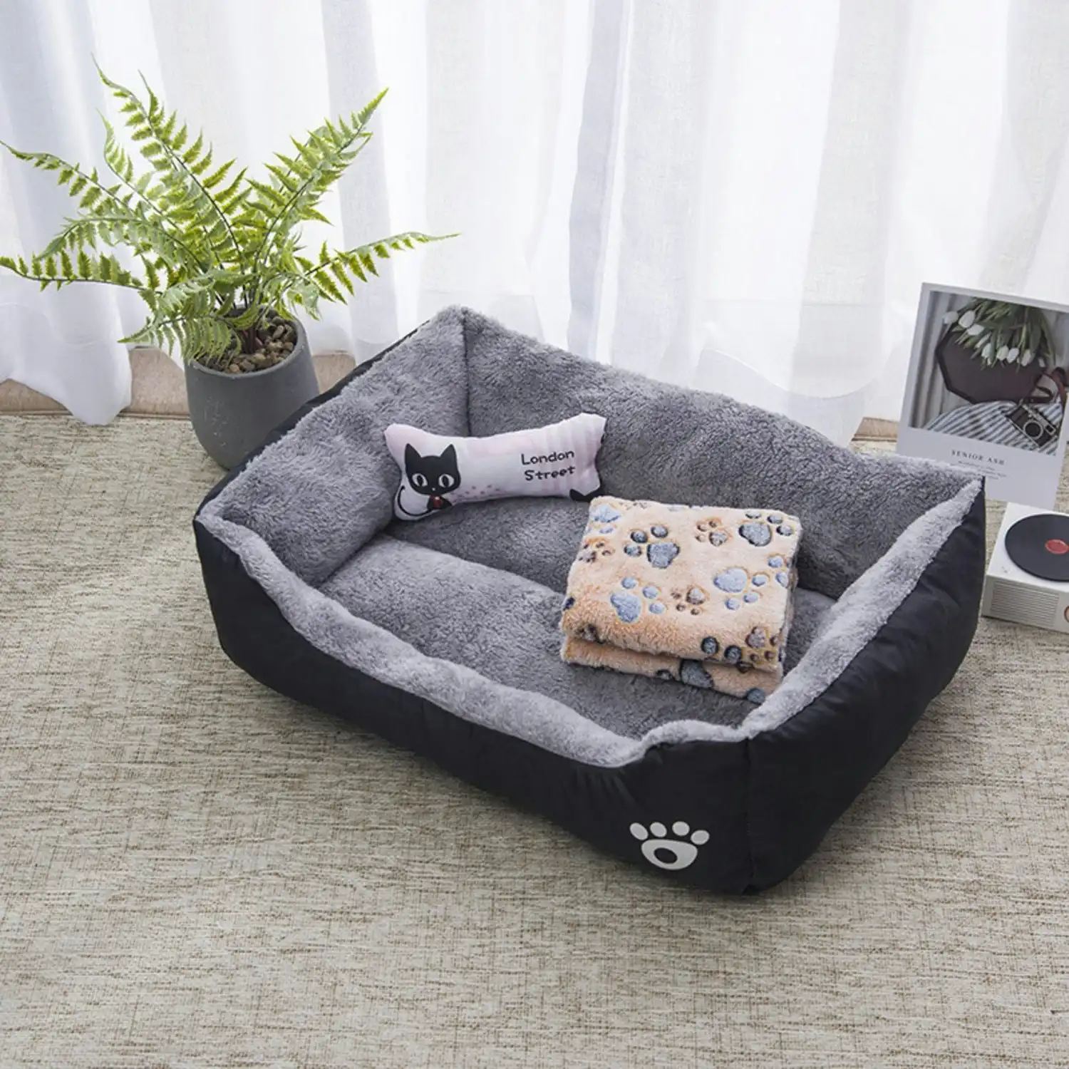 Floofi Dog Cat Calming Comfy Pet Bed Warm Soft Square Washable L Size Black