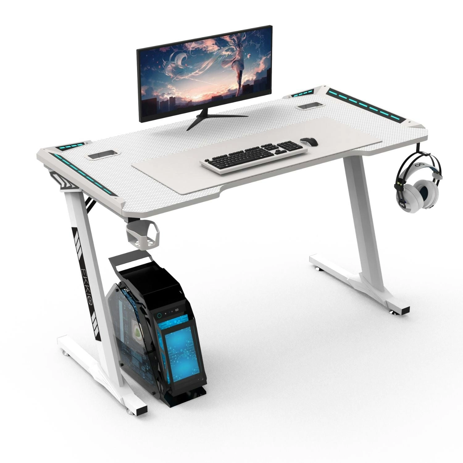 Ekkio 140cm Office Home Z Shape RGB Gaming Table Computer Desk - White