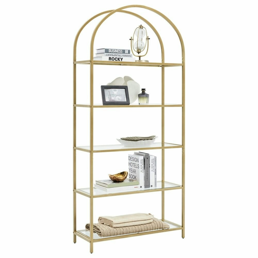 VASAGLE Tempered Glass Display Shelves Storage Bookcase Bookshelf 5 Tier - Gold