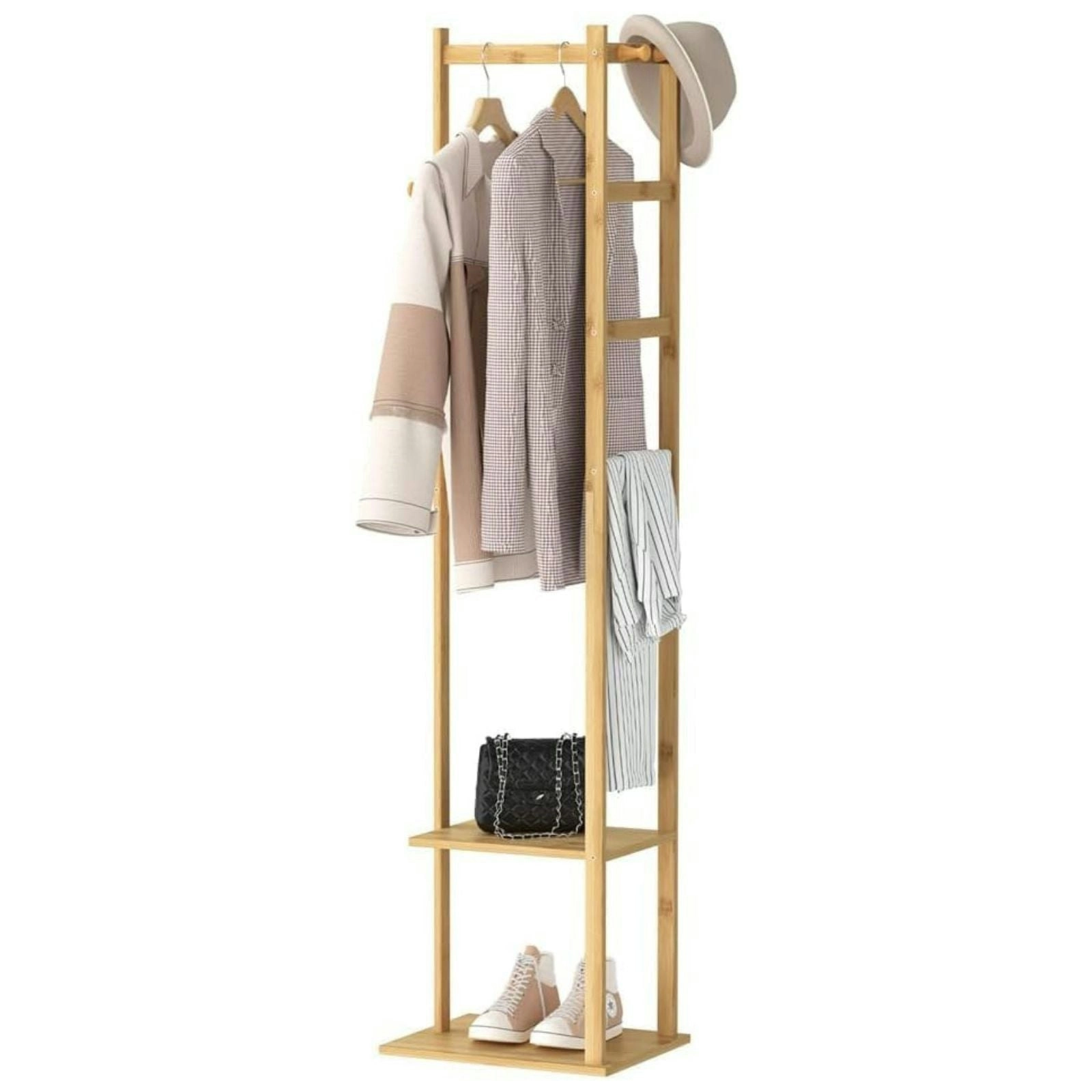 Ekkio Modern Style Sturdy Construction Bamboo Clothing Rack With 3 Hanger Hooks (Natural Wood)