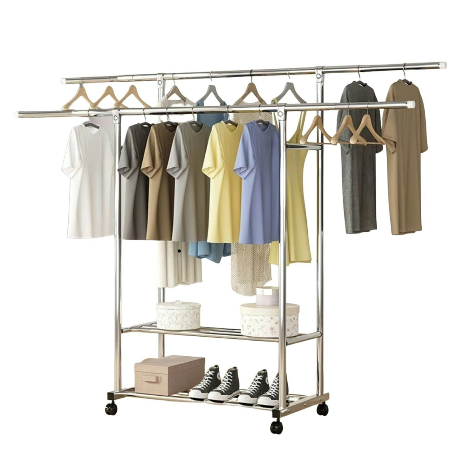 Ekkio Clothes Rack Coat Stand Adjustable Hanger Double Rail Wheels