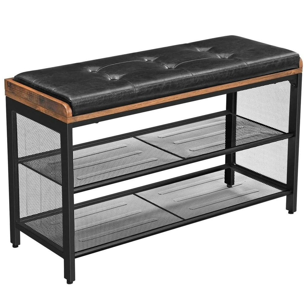 VASAGLE Padded Bench Storage Mesh Shelf ‎Shoe Rack - Rustic Brown