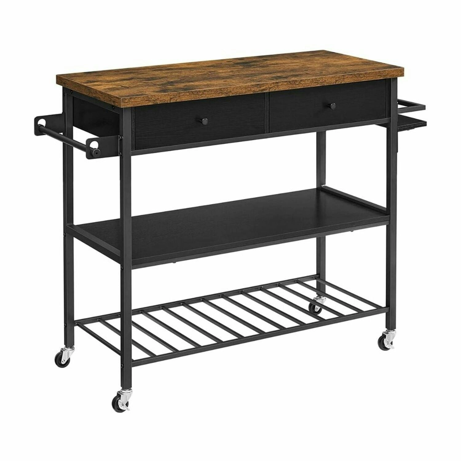 VASAGLE 3 Tier Utility Storage Cart with Shelf and Drawer Kitchen Island Trolley - Rustic Brown/Black