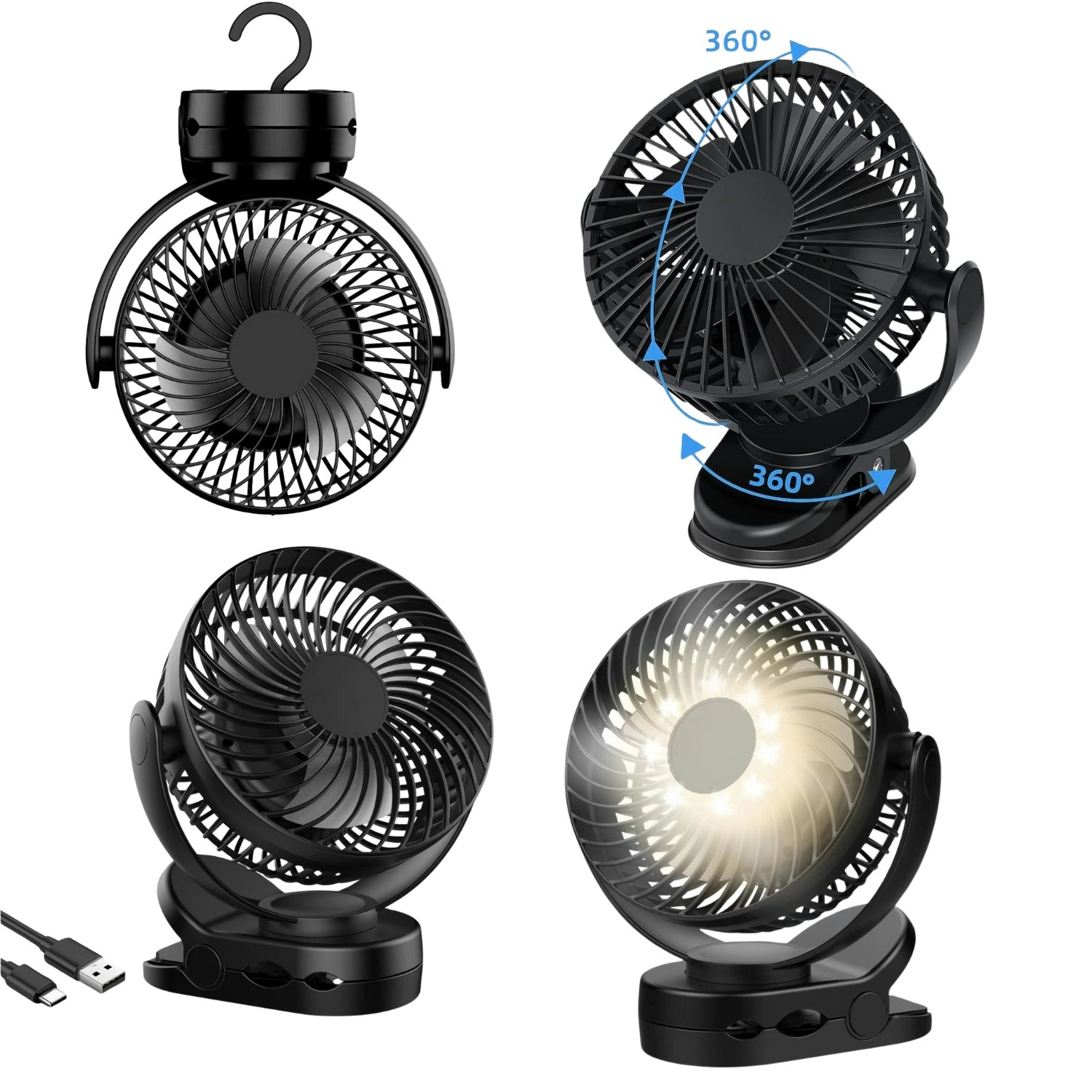 Gominimo Rechargeable Clip-On Fan: 3-in-1 Portable with Hook, Clip, & Light; 3-Speed, 720° Rotation For Camping Car Outdoor