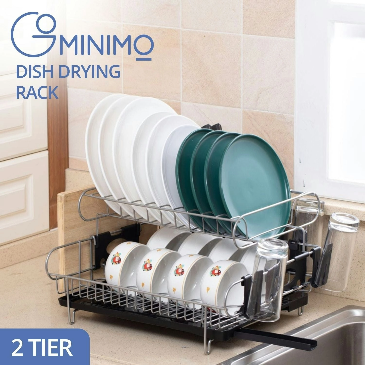 Gominimo 2-Tier Dish Drying Rack with Draining Board and Cup Holder Black