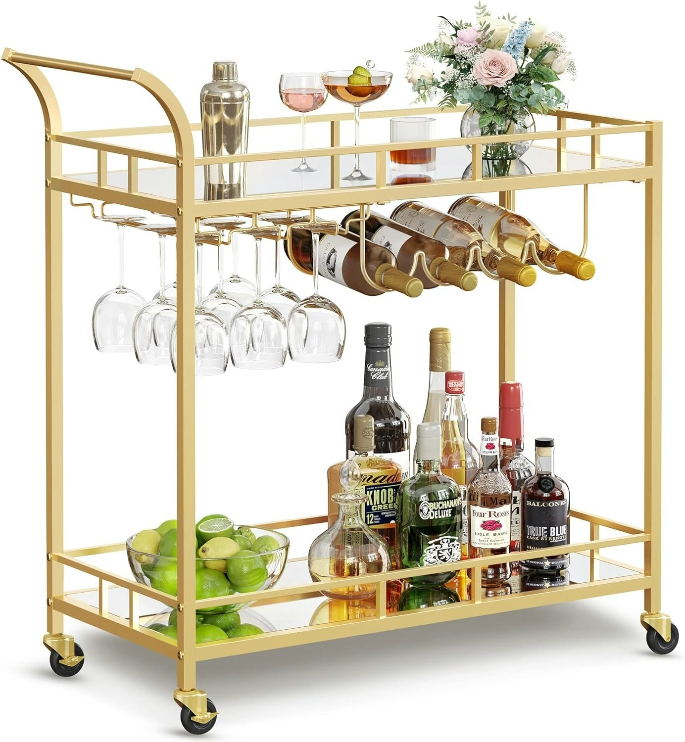 VASAGLE Wine Serving Carts with Wheels Glass and Bottle Holders Bar Cart - Gold