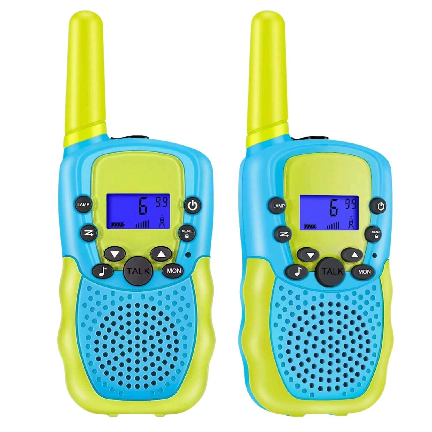 2pcs Gominimo Battery-Powered Flashlight 3KM LCD Screen Age 3+ Kids Walkie Talkies - Blue and Green