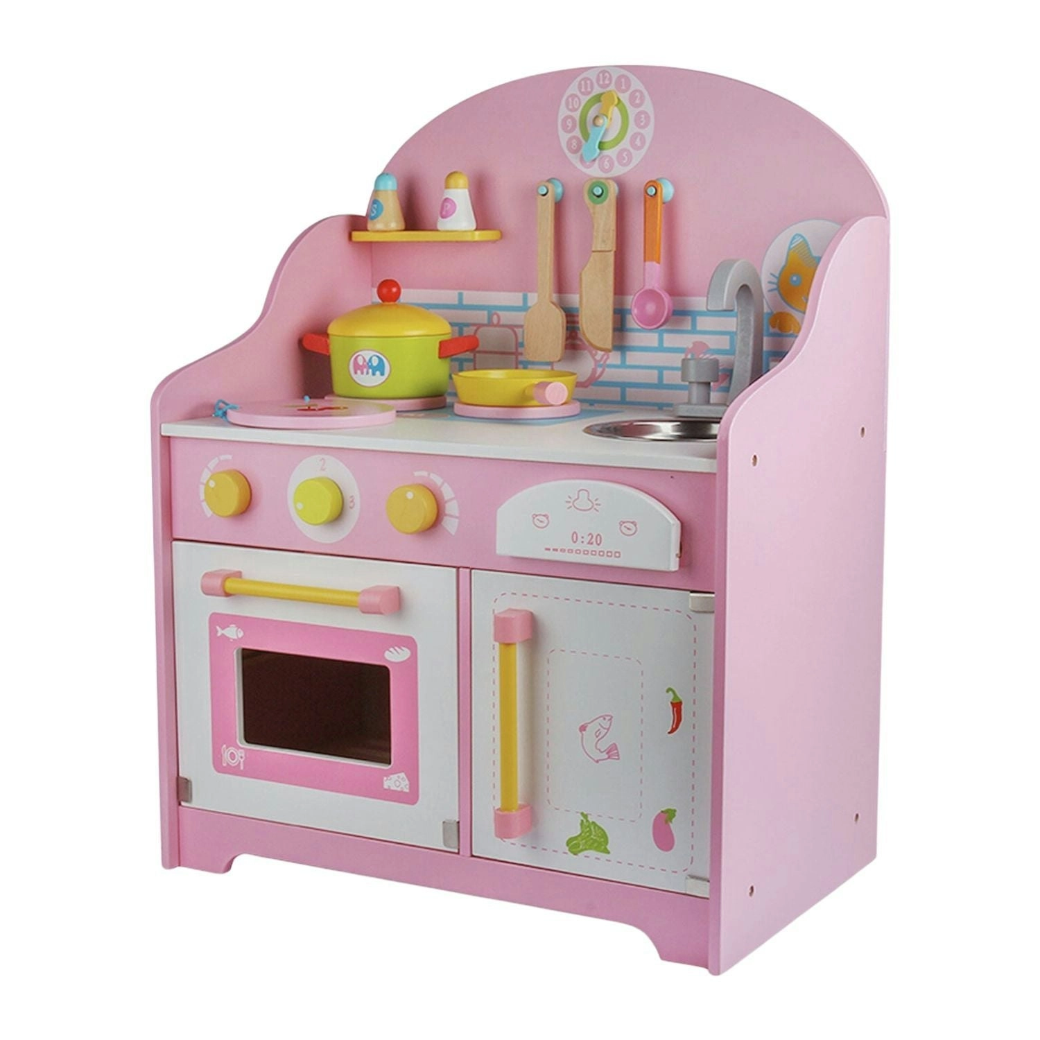 Ekkio High-quality Mdf Board Environmentally Friendly Material Wooden Kitchen Playset for Kids with Clock (Japanese Style Kitchen Set, Pink)