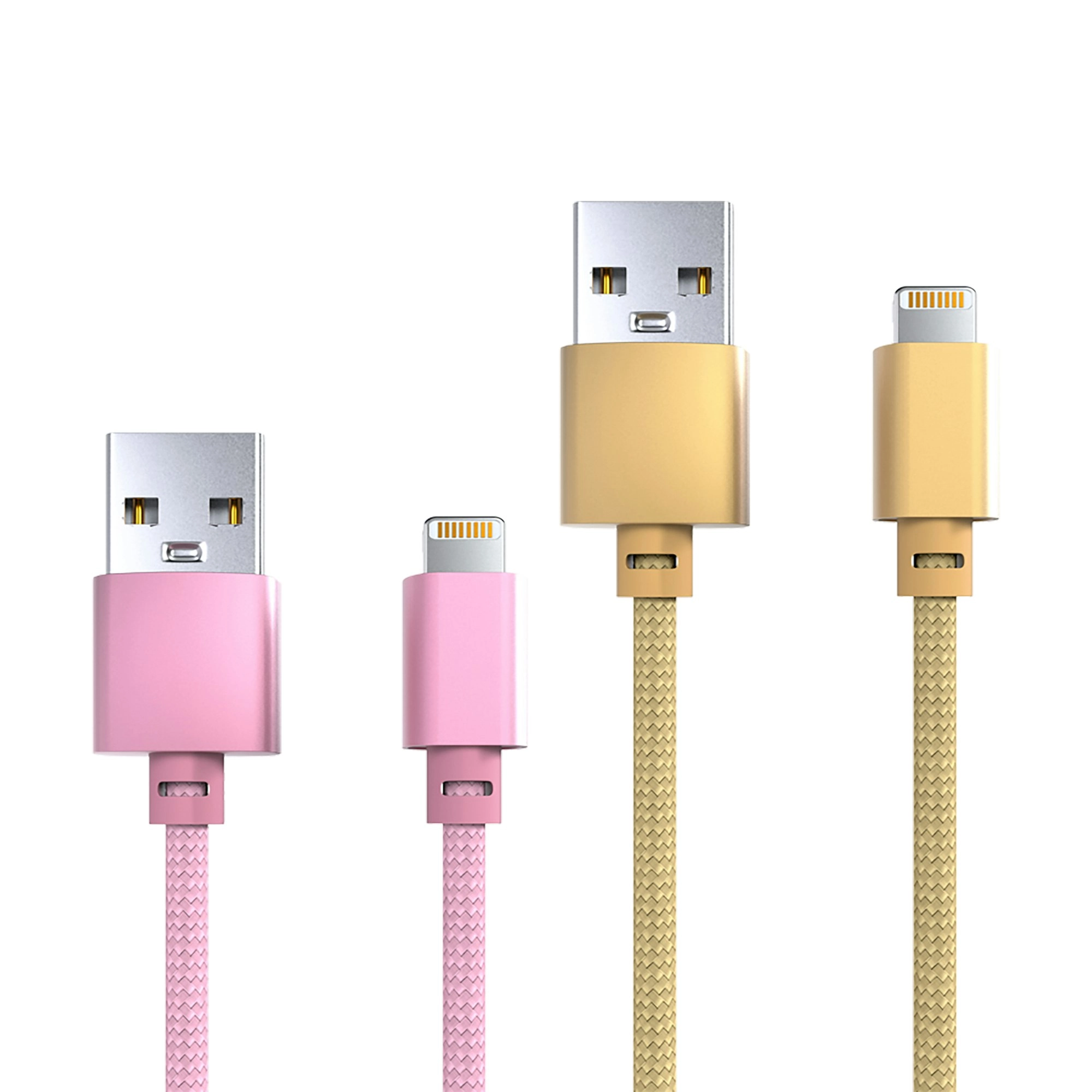 Laser 2m MFi Lightning to USB-A Cable 2 Pack Nylon Braid Gold/Pink