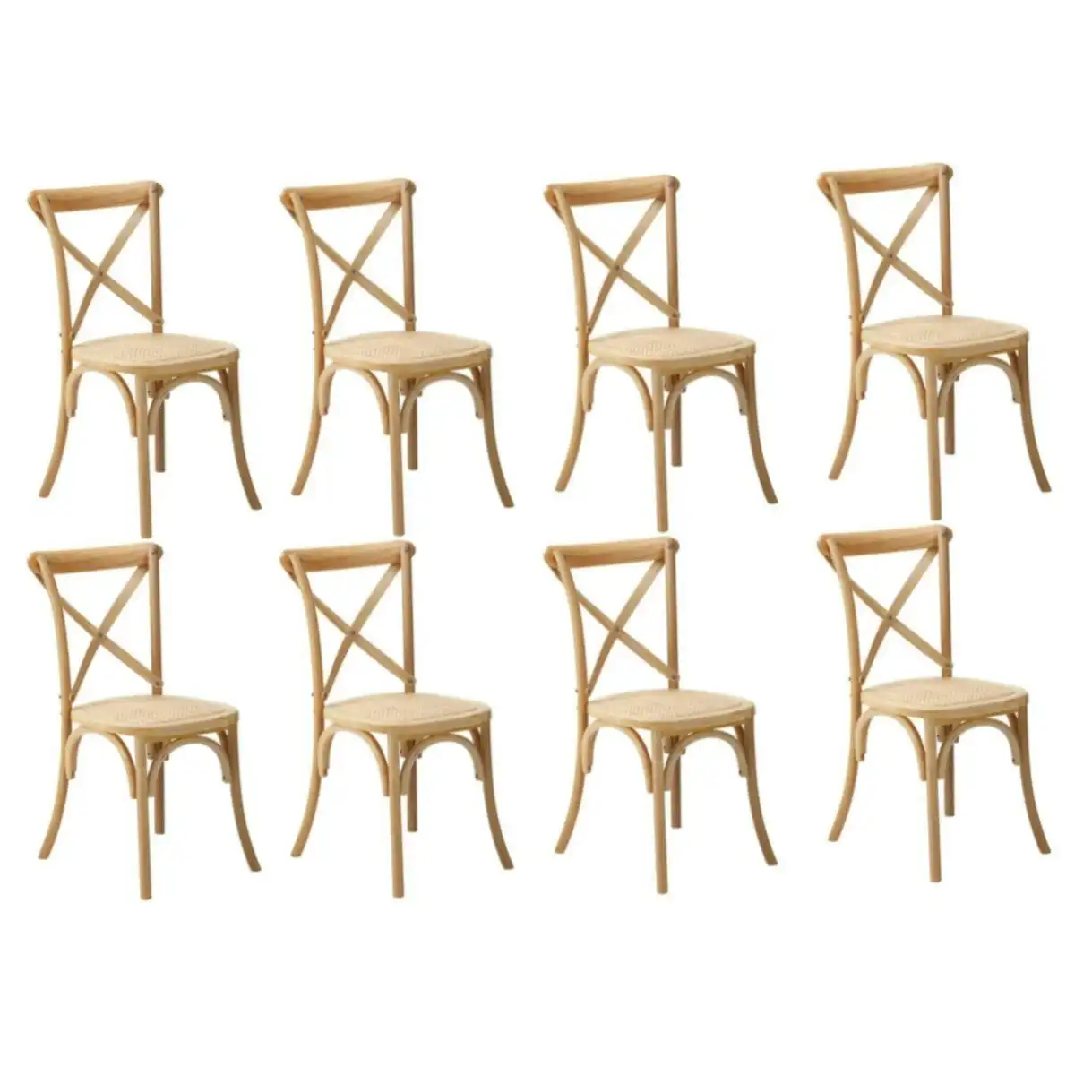 Oikiture 8PCS Crossback Dining Chair Solid Birch Timber Wood Ratan Seat Natural