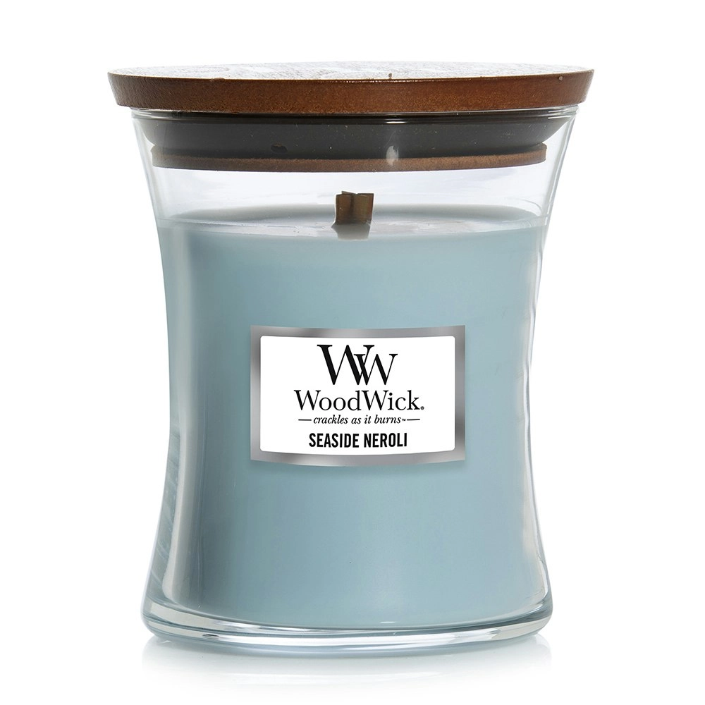 WoodWick 274g Scented Home Fragrance Soy Wax Candle Seaside Neroli Medium Blue