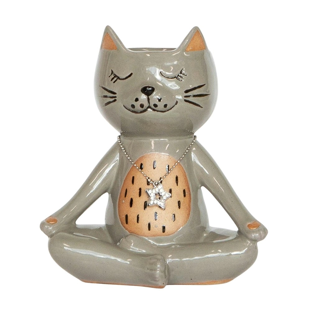 Urban Quirky Kitty 16cm Ceramic Vase Medium Home Decorative Display Grey/Sand