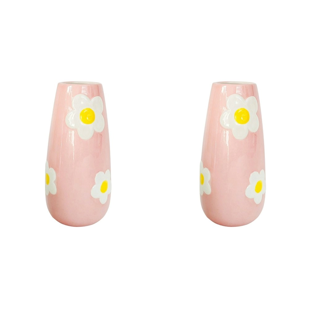 2x Urban Products Alice Daisy Themed Retro Style Home Decor Vase Pink 20cm