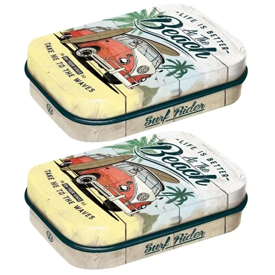 2x Nostalgic Art 6cm Metal Tin Mint Box VW Bulli Beach Fresh Breath Hard Candy