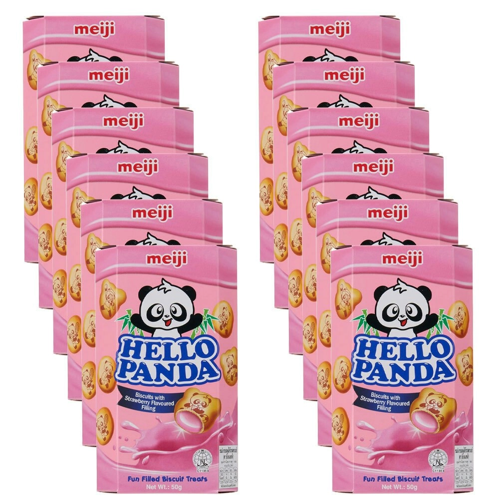 12x Meiji Hello Panda Strawberry Flavoured Japanese Sweet Biscuit Snack 50G