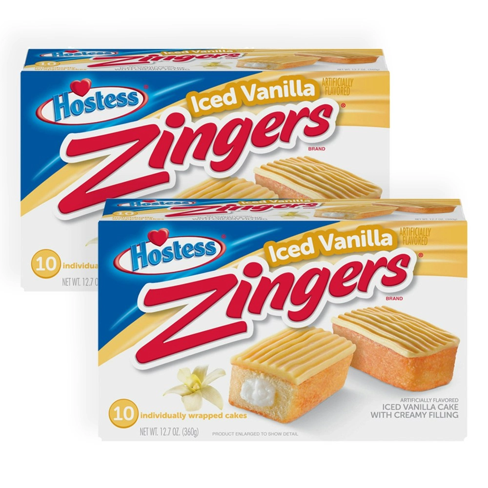 2x 10pc Hostess Zingers Iced Vanilla & Creme Flavoured Cake Rolls Confectionery