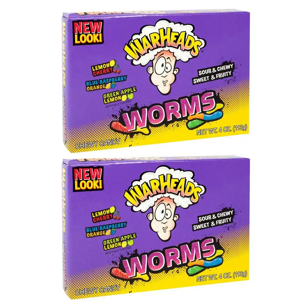 2x Warheads Worms 113g Theater Box Sweet/Sour Fruity Chewy Confectionery Candies