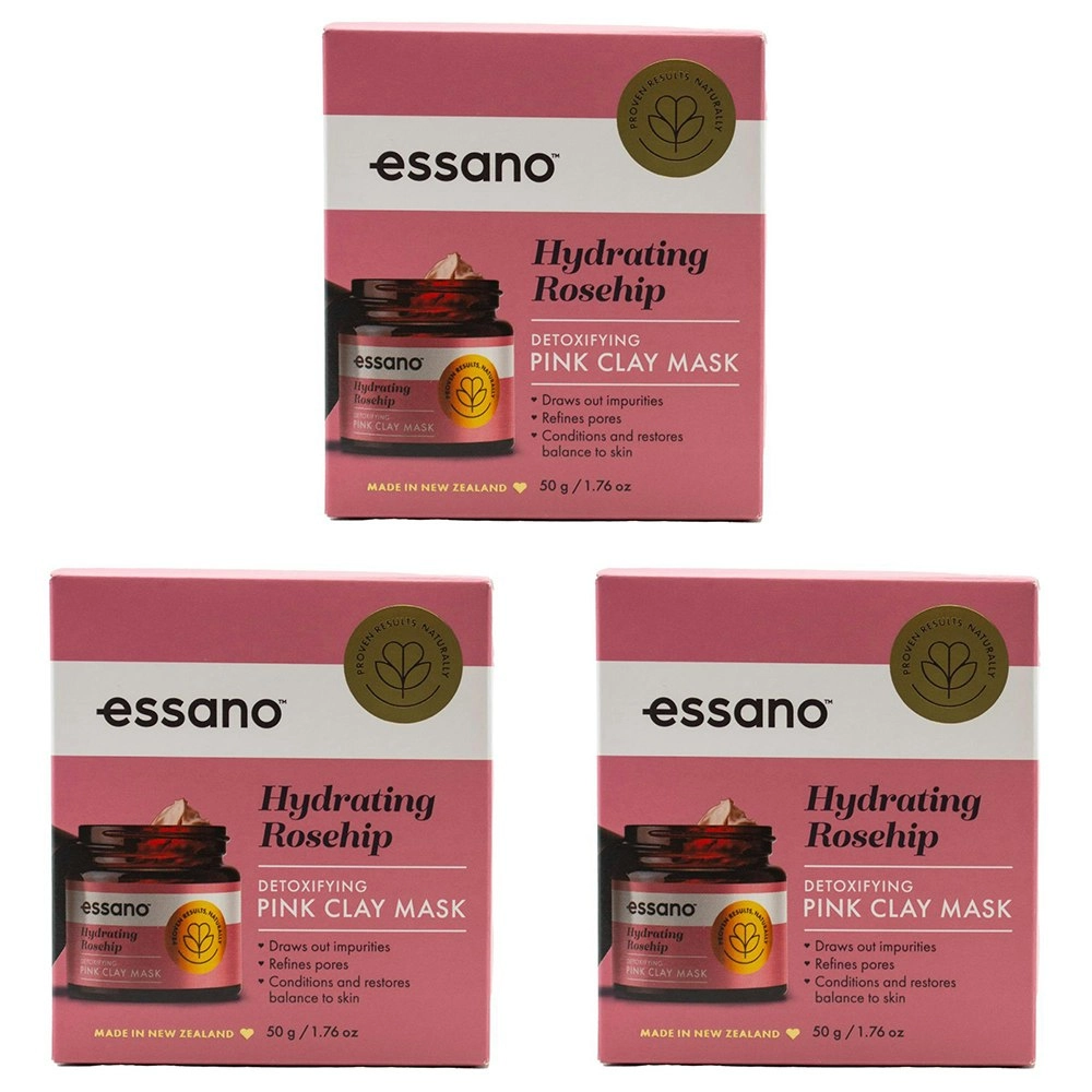 3x Essano Hydrating Rosehip Detoxifying Pink Clay Mask Face/Skin Care Cream 50g