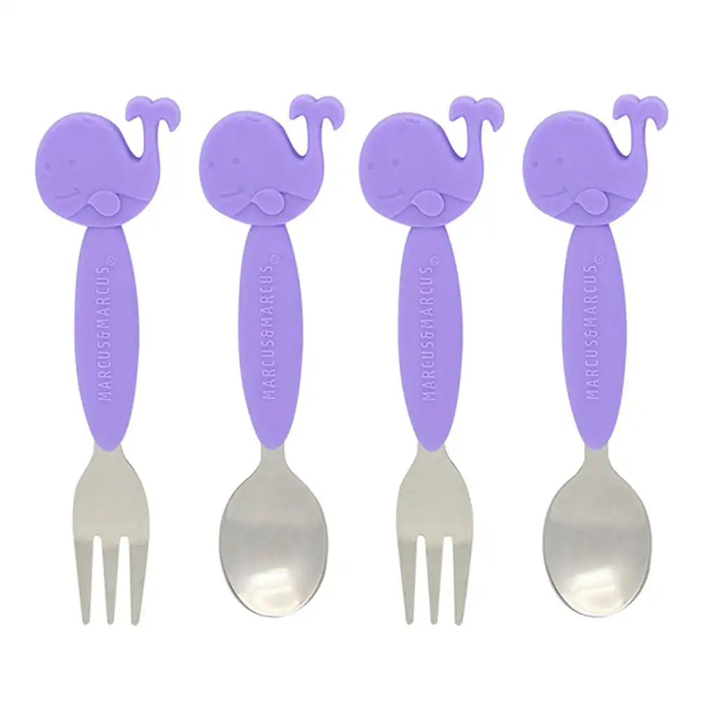 4x Marcus & Marcus BPA Free Spoon & Fork Cutlery Set Kids/Baby 3m+ Lilac Whale