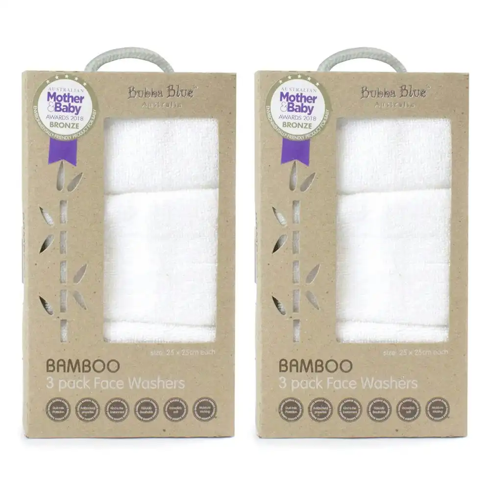 6pc Bubba Blue 25cm Square Bamboo Face Washer Set Soft Baby Towel Cloth White