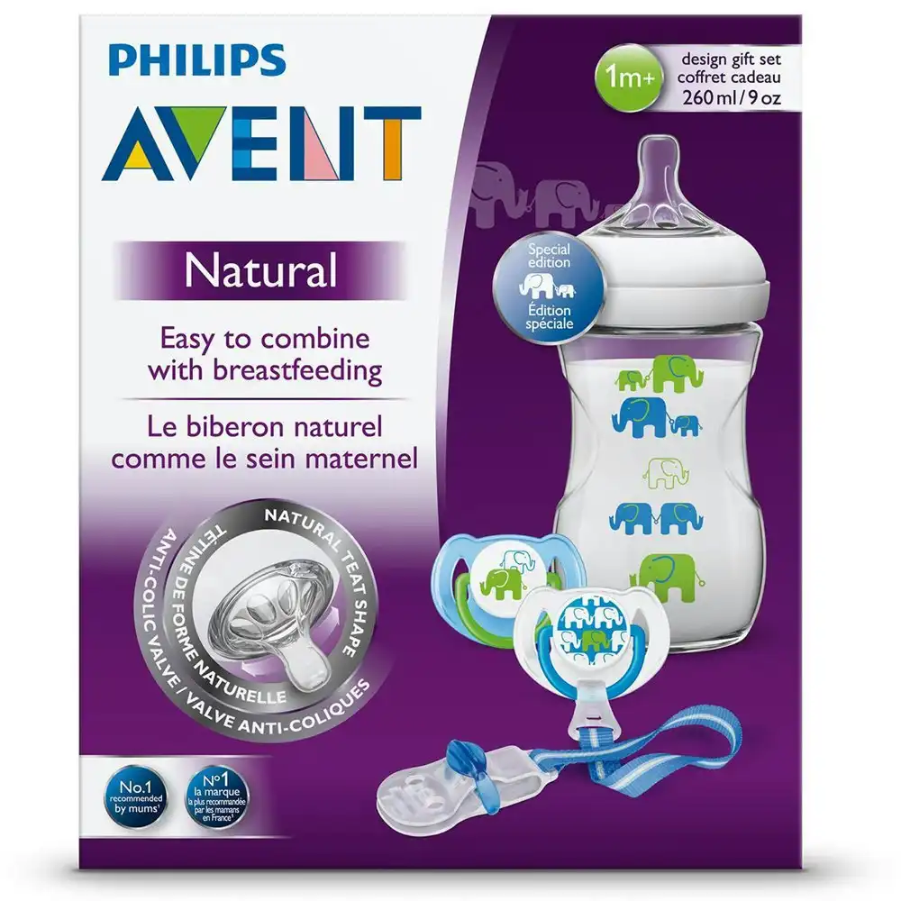 Philips Avent Natural Elephant Deco Boy Gift Set Baby Bottle/Soother 260ml 1m+