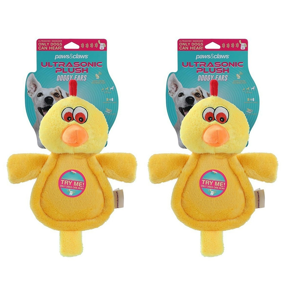 2x Paws & Claws Doggy Ears Ultrasonic 33cm Chicken Plush Squeaker Dog Toy Yellow