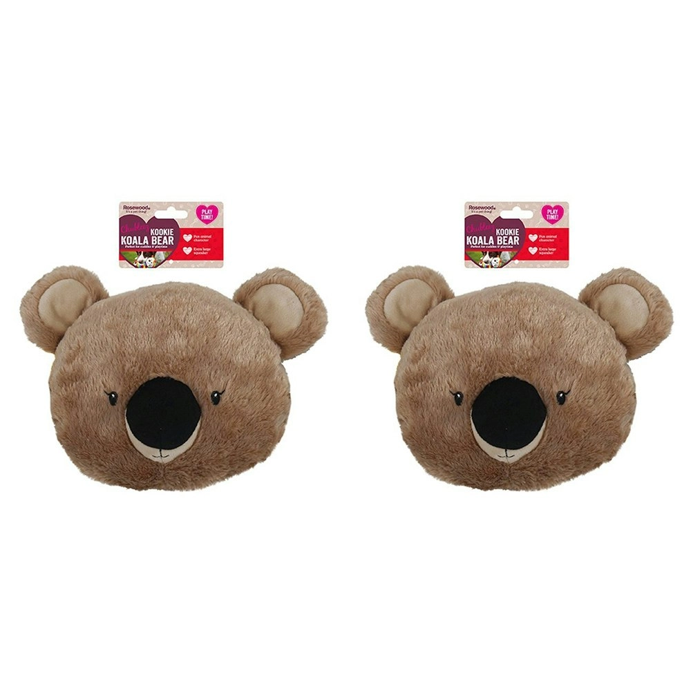 2x Rosewood Kookie Koala Bear Head Plush Squeaker Pet Dog Interactive Toy Brown