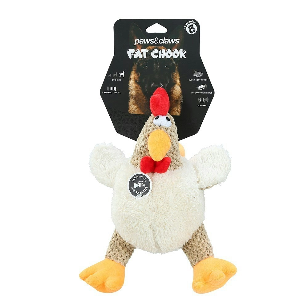 Paws N Claws Pet Dogs Fat Chook Soft Plush 28cm Chew Toy w/ Built-In Squeaker