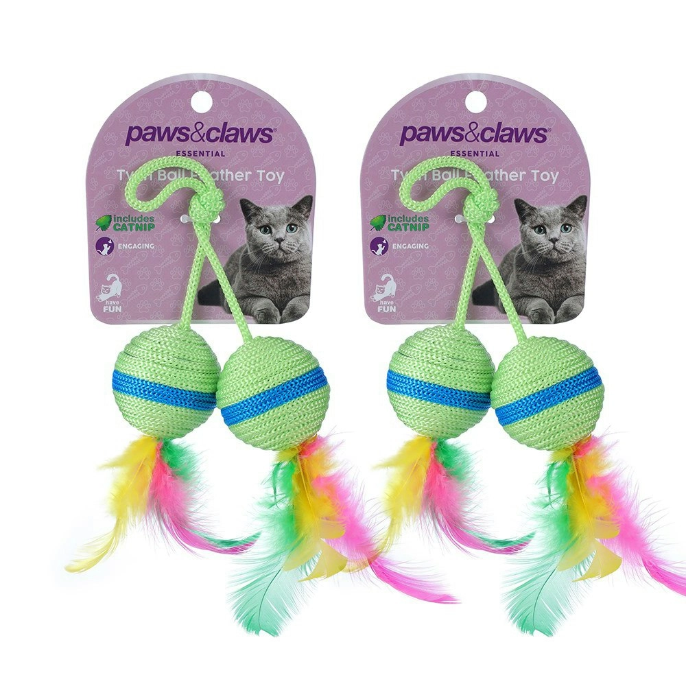 2x Paws & Claws Pet Cat 20cm Twin Ball & Feather Catnip Interactive Toy Assorted