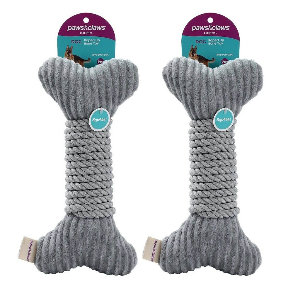 2x Paws & Claws 30x14cm Roped-Up Plush Bone Squeaker Pet/Dog Fun Play Toy Grey