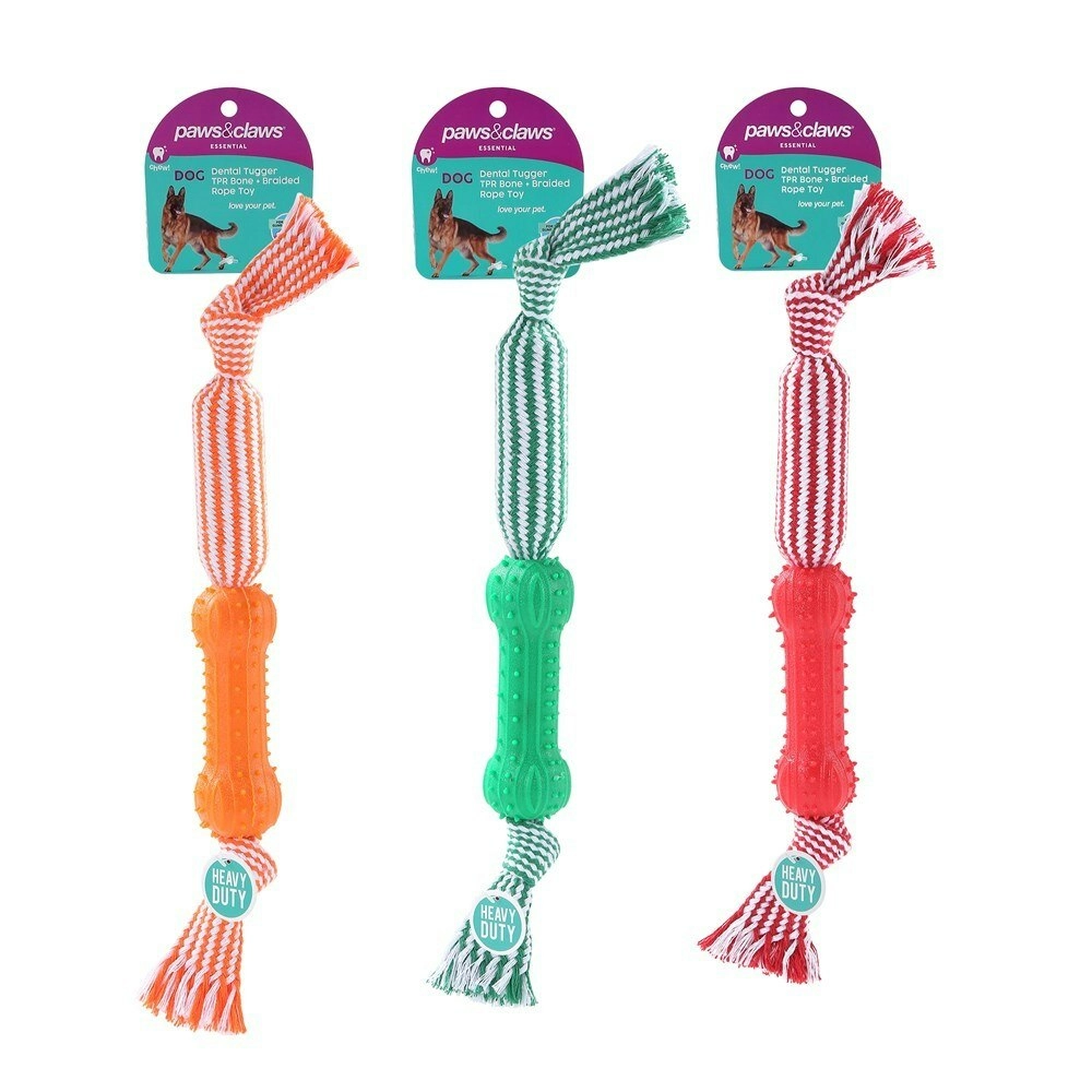 3x Paws & Claws 43cm Dental Tugger Dog/Pet Toy TPR Bone + Braided Rope Assorted