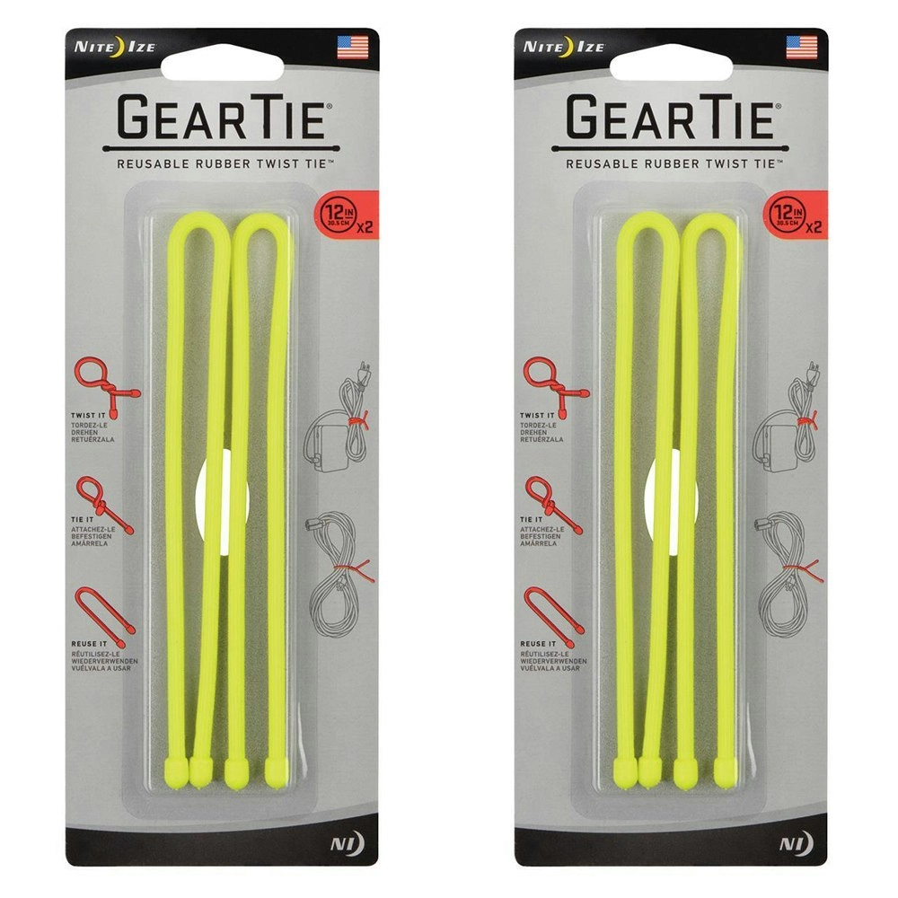 4pc Nite Ize Gear Tie 12in Reusable Rubber Twist Wire Cable Organiser Yellow