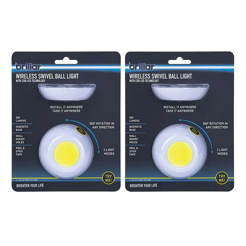 2x Brillar Wireless Battery Operated Magnetic Ball w/Cob LED Light WHT