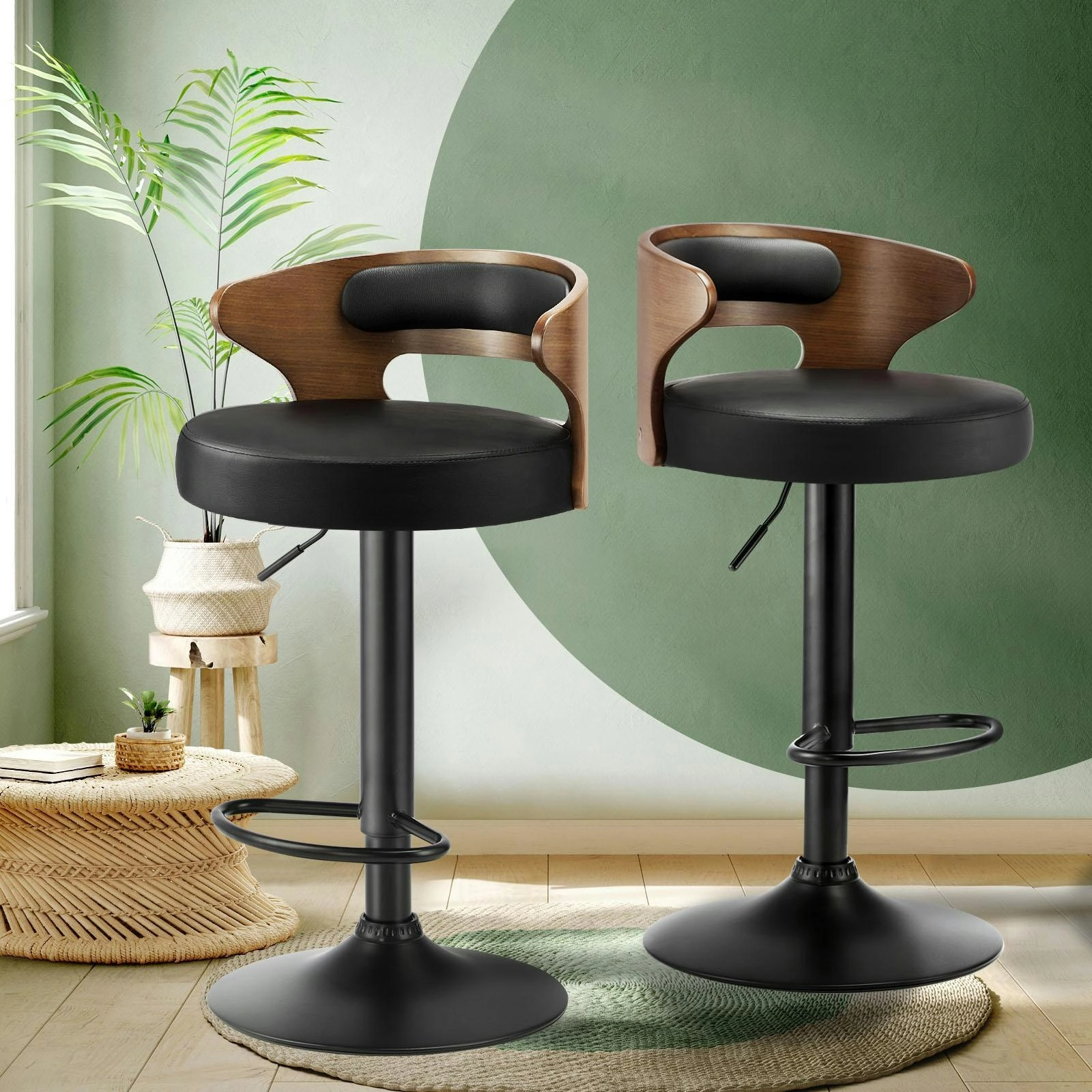 Oikiture 2x Bar Stools Kitchen Gas Lift Swivel Chairs Stool Wooden Barstool Black