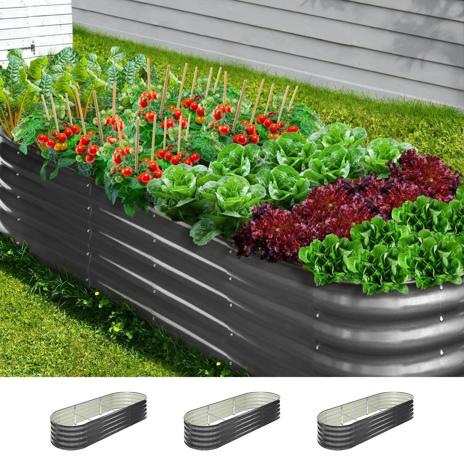 Livsip x3 Galvanised Raised Garden Bed Steel Instant Planter Oval 240X80X42CM