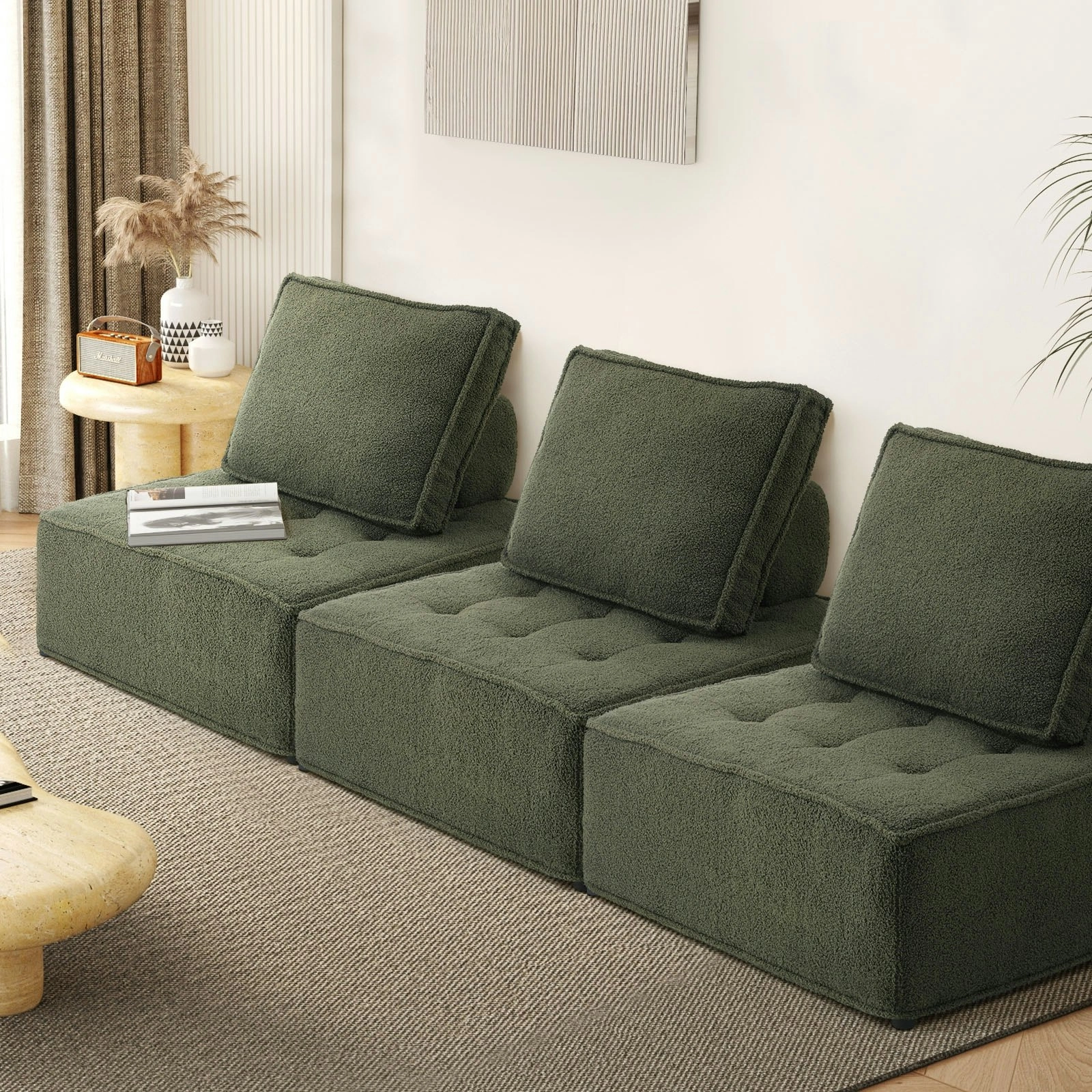 Oikiture 3PCS Modular Sofa Lounge Chair Armless TOFU Back Sherpa Green