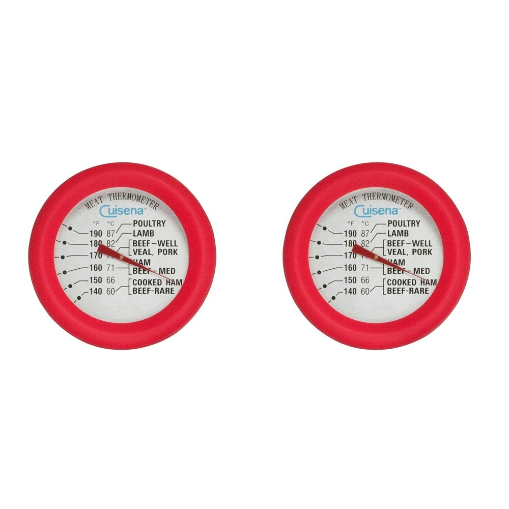 2x Cuisena Round Stainless Steel Meat Thermometer w/ Silicone Baking/Cooking Red