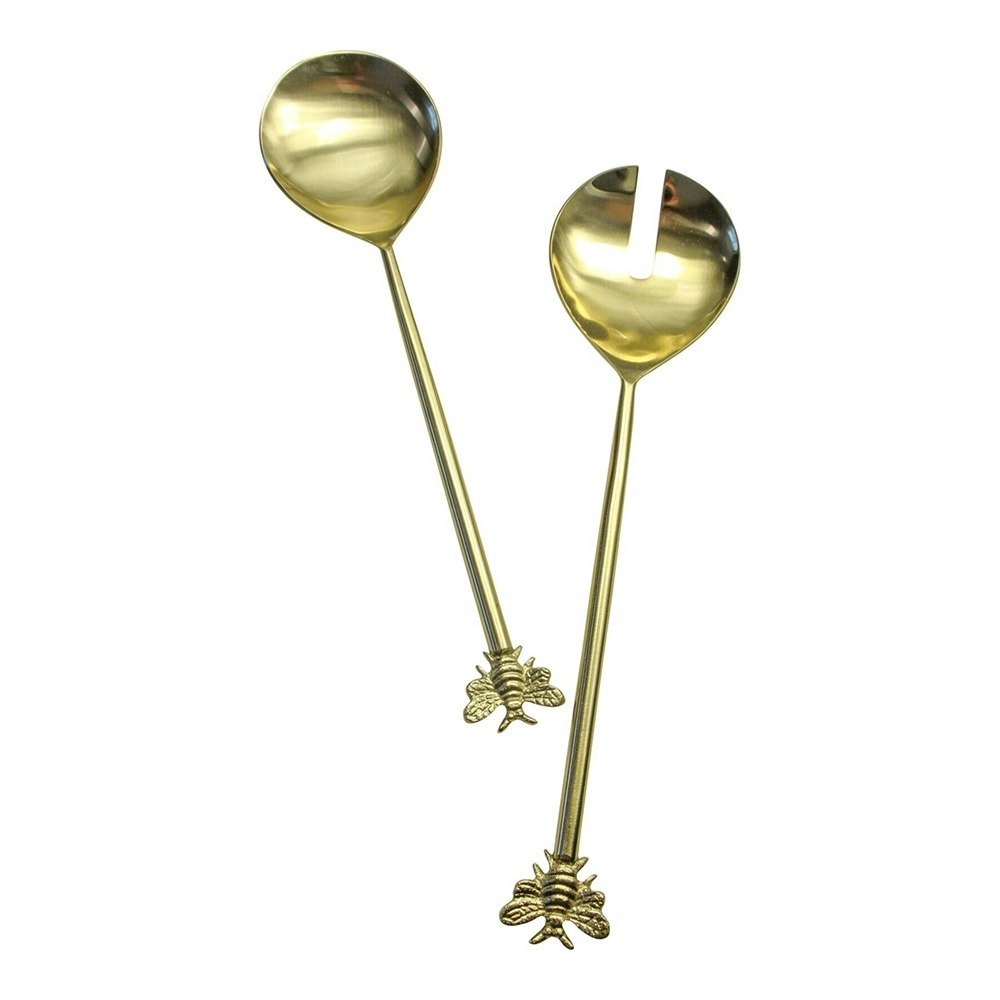 2pc Brass 28cm Bee Salad Server Utensil Serving Spoon & Fork Set Tableware Gold