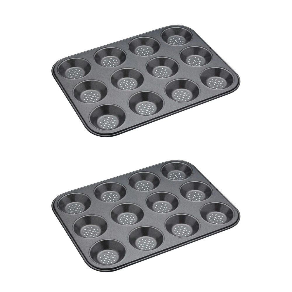 2x MasterCraft 32x24cm Crusty Bake Shallow 12-Cup Non-Stick Baking Pan Mould BLK