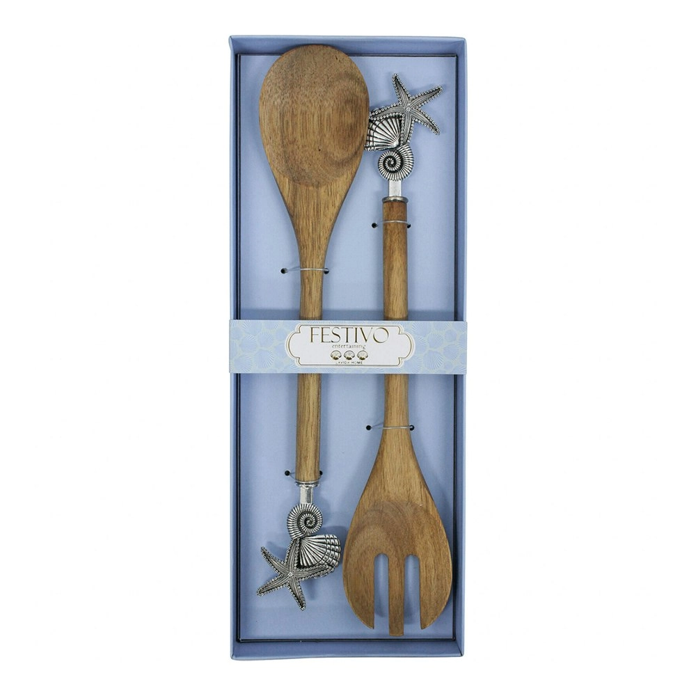 2PK Acacia Wood/Metal Sea Shells Spoon/Fork Salad Server Utensil Cutlery Set BRN