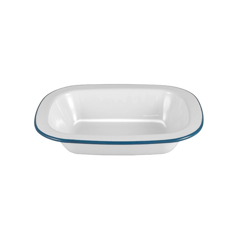 Urban Style Enamelware 24cm Pie Dish Rectangle Snack Container w/ Blue Rim White