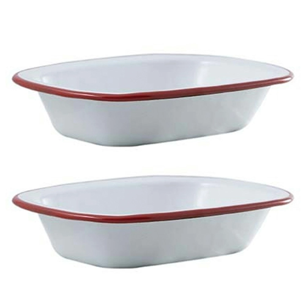 2x Urban Style Enamelware 18cm Pie Dish Rectangle Snack Container w/ Red Rim WHT