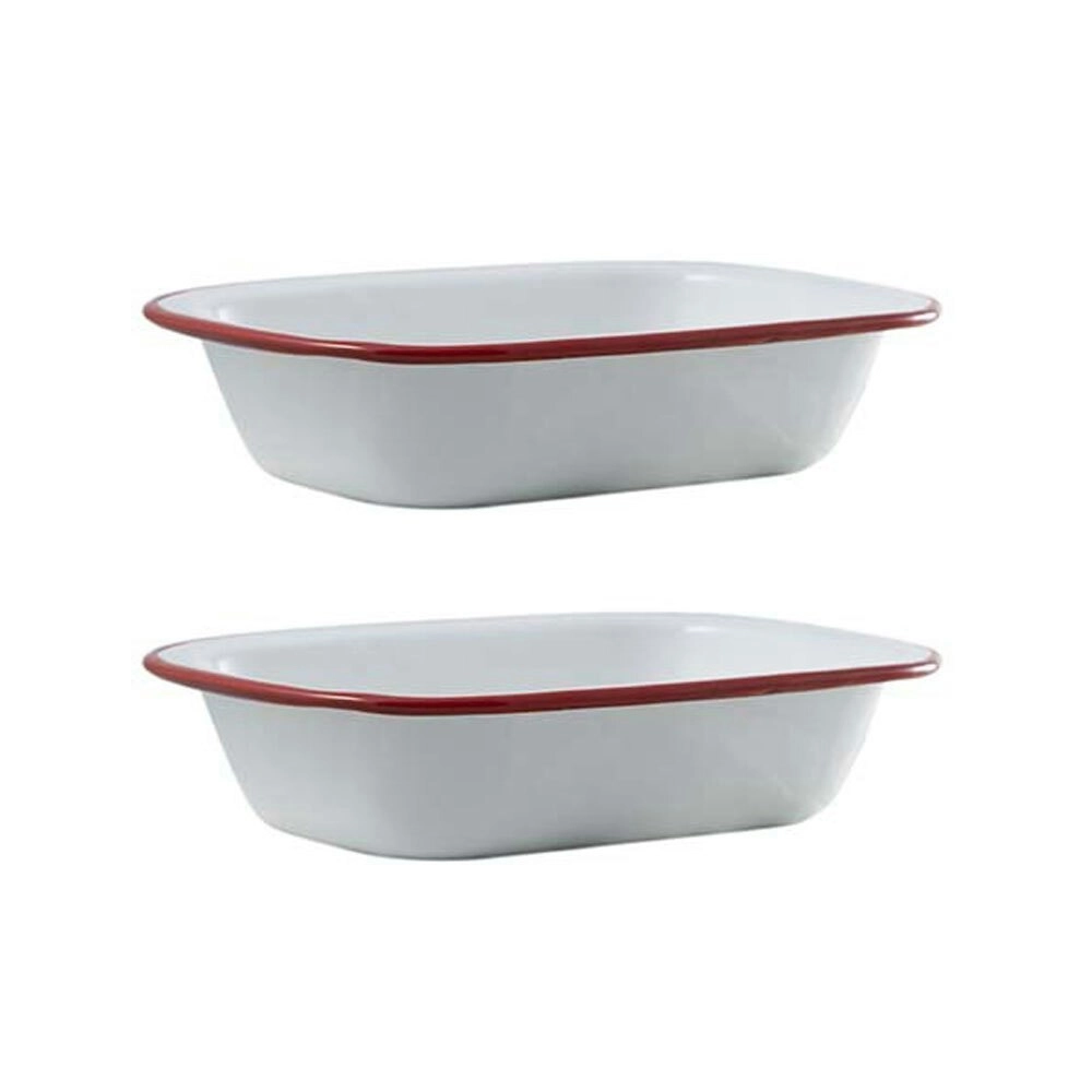 2x Urban Style Enamelware 20cm Pie Dish Rectangle Snack Container w/ Red Rim WHT