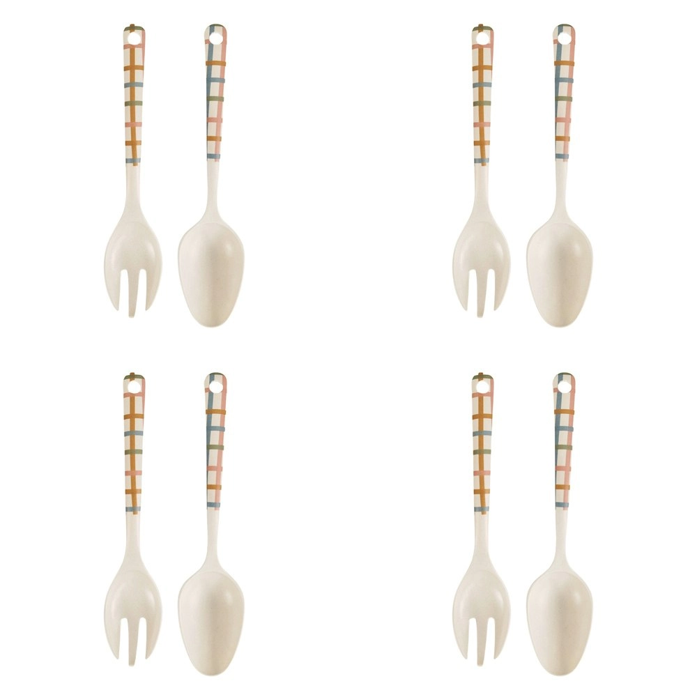 4x 2pc Urban Maldon Check 24cm Bamboo Fibre Spoon/Fork Salad Servers Utensil Set