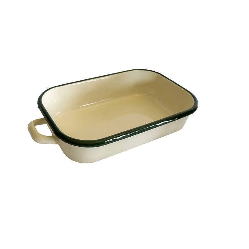 Urban Style Enamelware 26cm Baking/Serving Dish Rectangle w/ Green Rim Cream