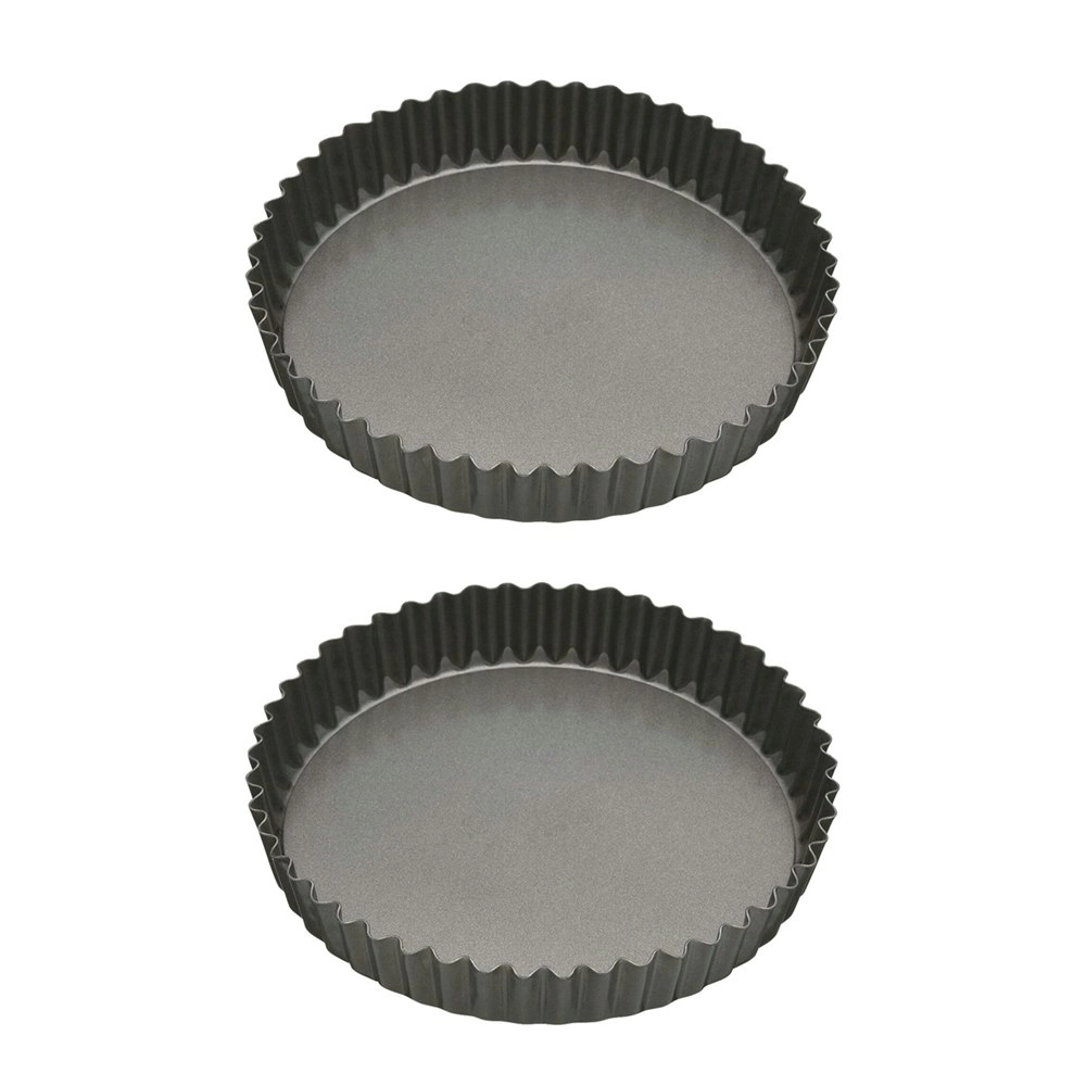 2x MasterCraft 23cm Heavy Loose Base Non-Stick Round Flan Quiche Pan Baking BLK